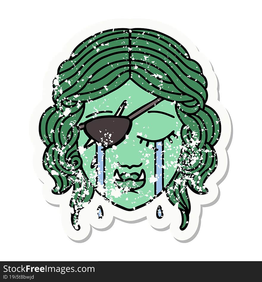 grunge sticker of a crying half orc rogue character face. grunge sticker of a crying half orc rogue character face