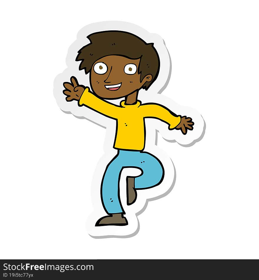 sticker of a cartoon excited boy dancing