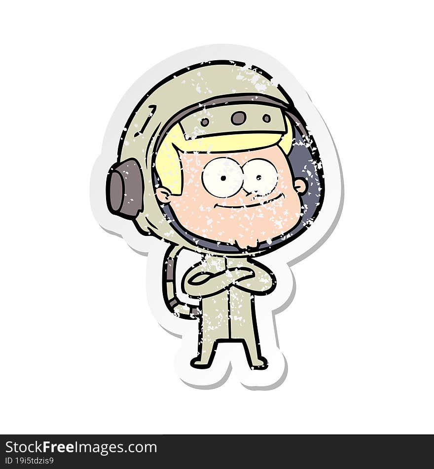 distressed sticker of a happy astronaut cartoon