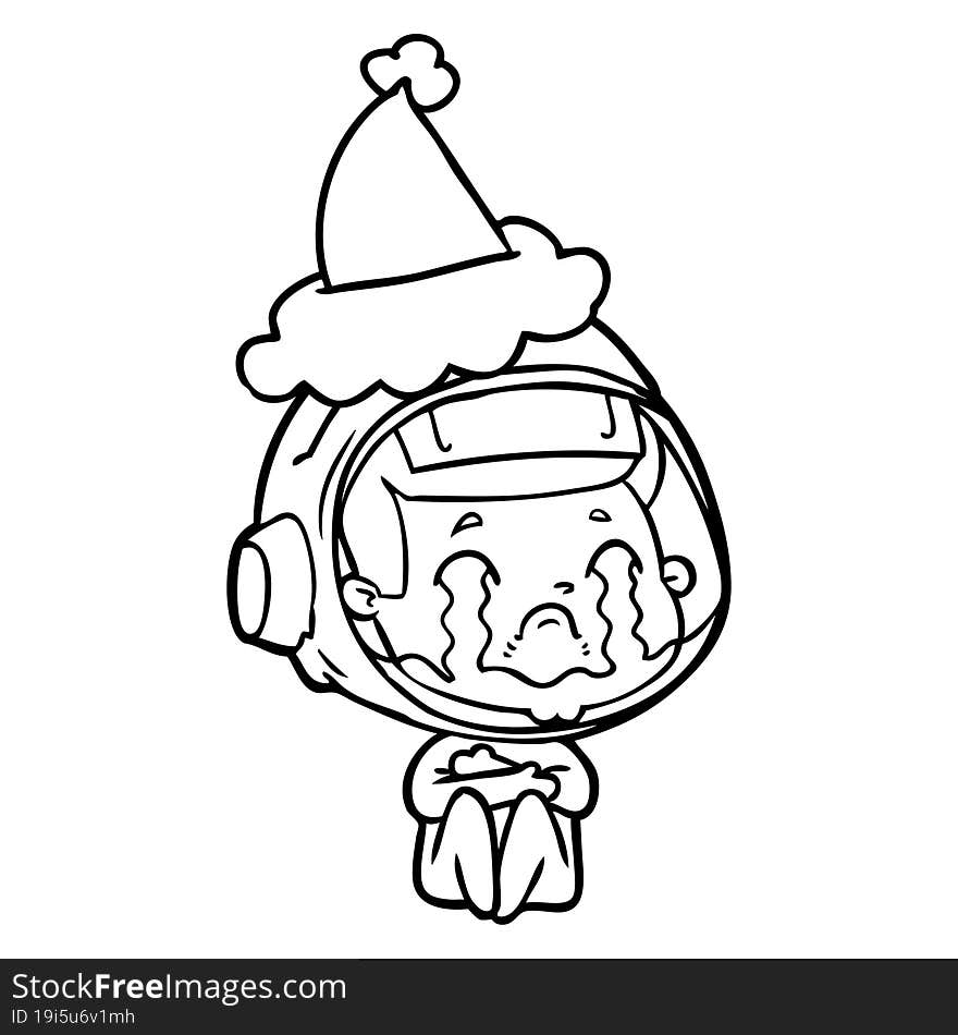 line drawing of a crying astronaut wearing santa hat