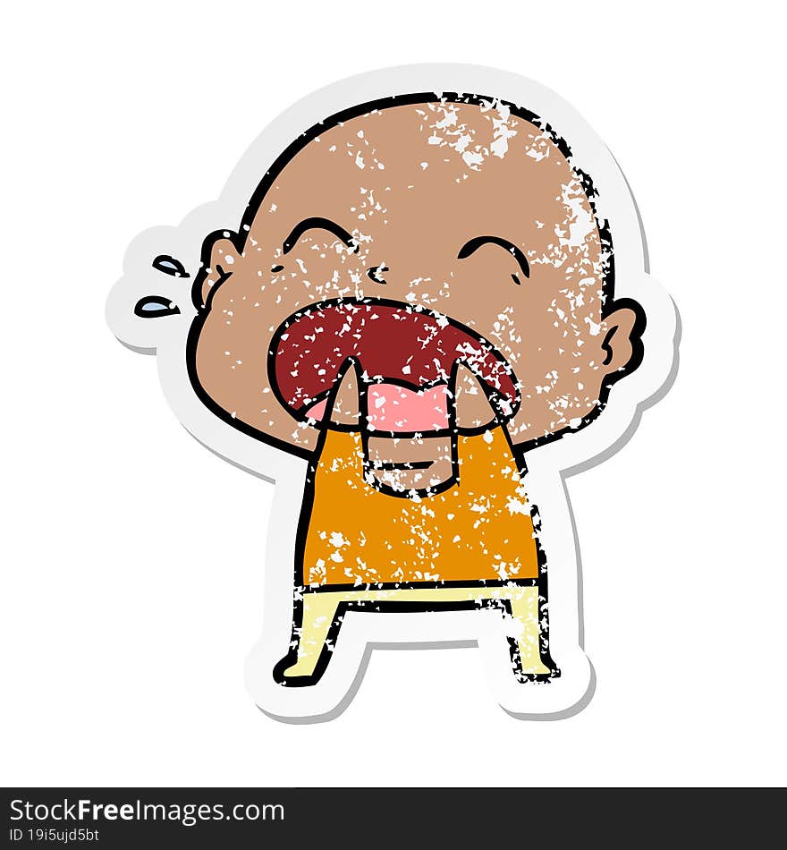 distressed sticker of a cartoon shouting bald man