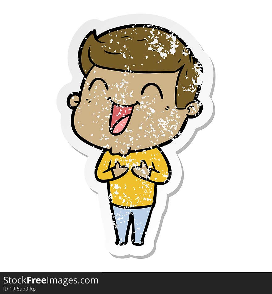 distressed sticker of a cartoon man laughing