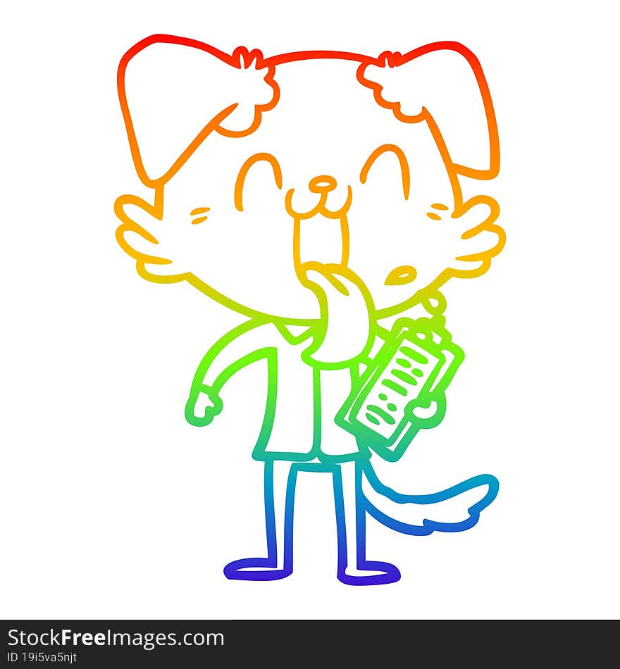 rainbow gradient line drawing of a cartoon panting dog with clipboard