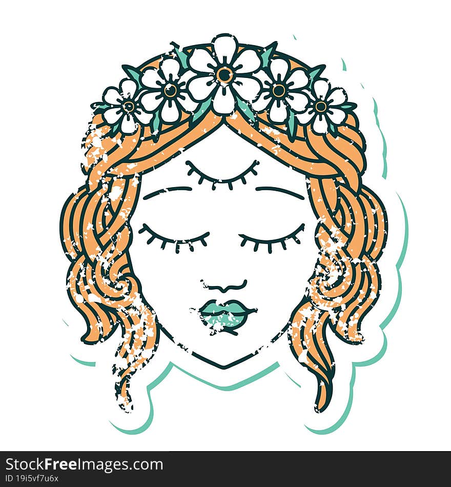 iconic distressed sticker tattoo style image of female face with third eye. iconic distressed sticker tattoo style image of female face with third eye