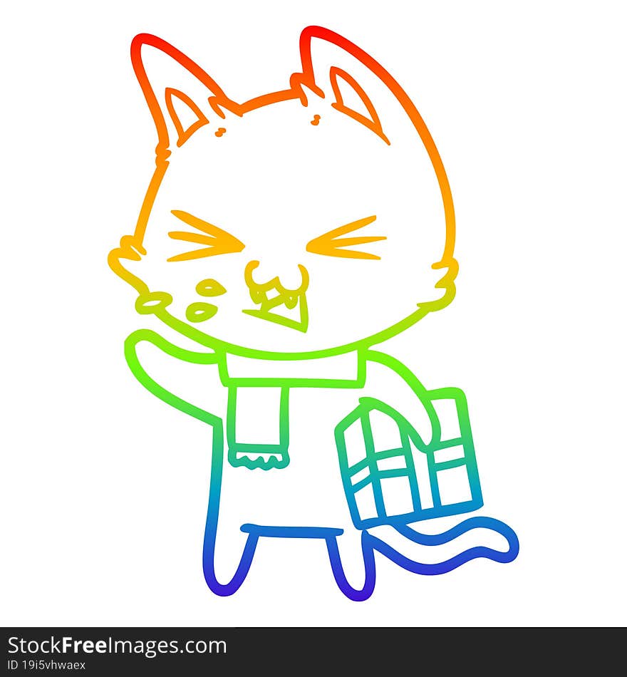 rainbow gradient line drawing of a cartoon hissing cat with christmas present