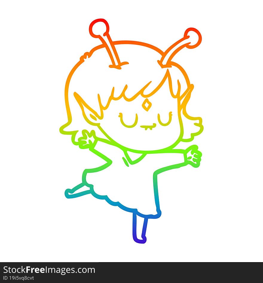 rainbow gradient line drawing of a cartoon alien girl