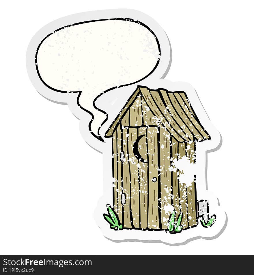 cartoon traditional outdoor toilet and crescent moon window and speech bubble distressed sticker