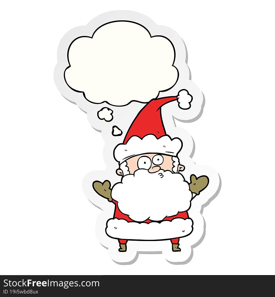 cartoon confused santa claus and thought bubble as a printed sticker