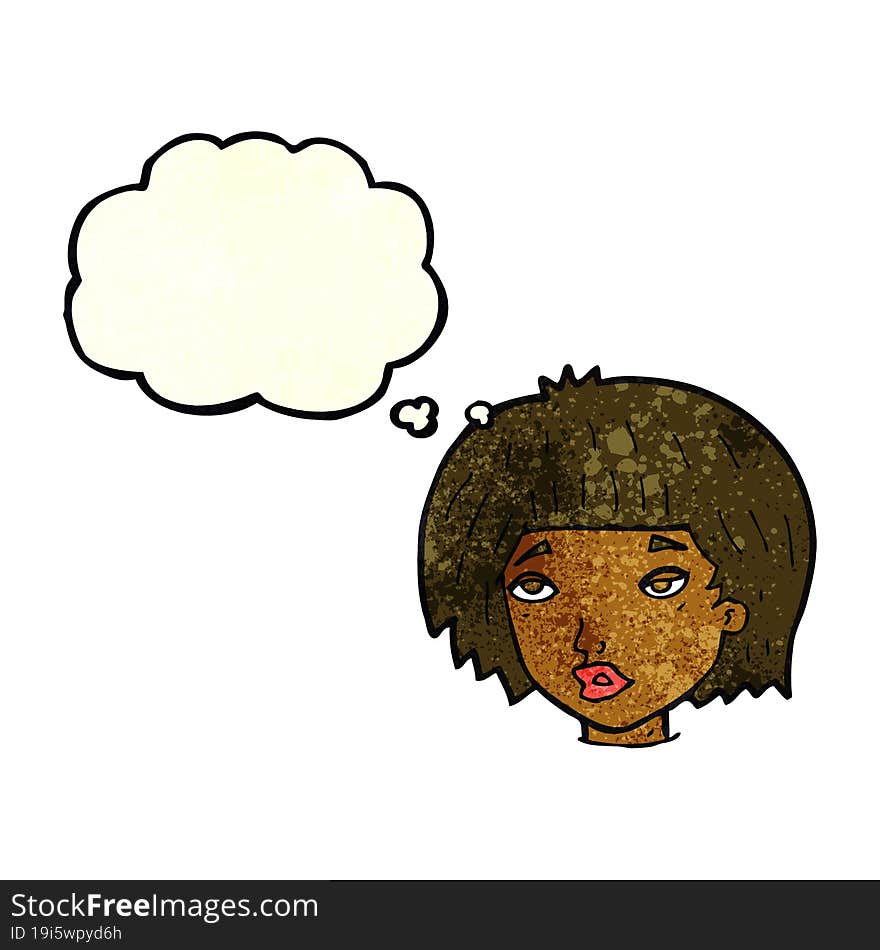 cartoon bored looking woman with thought bubble