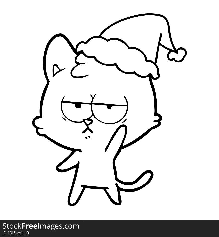 bored line drawing of a cat wearing santa hat