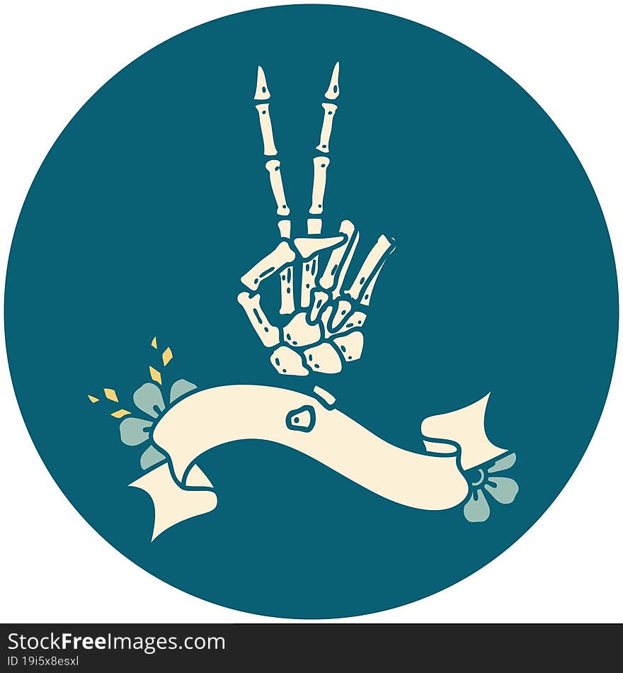 tattoo style icon with banner of a skeleton giving a peace sign. tattoo style icon with banner of a skeleton giving a peace sign