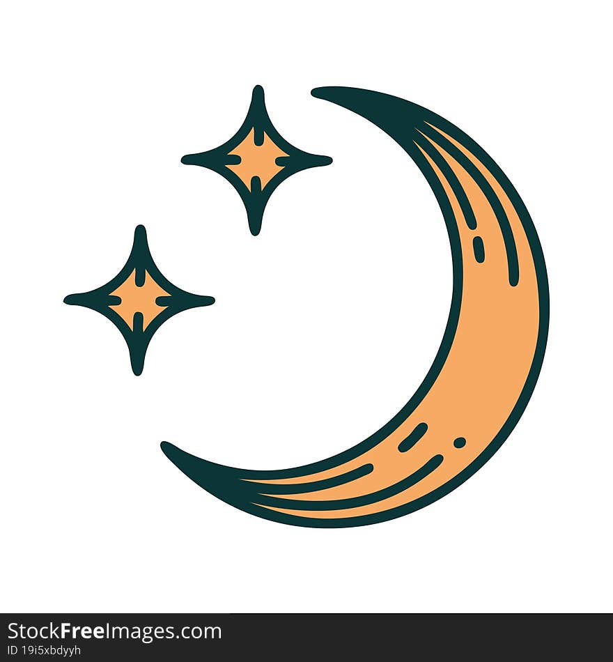 iconic tattoo style image of a moon and stars. iconic tattoo style image of a moon and stars