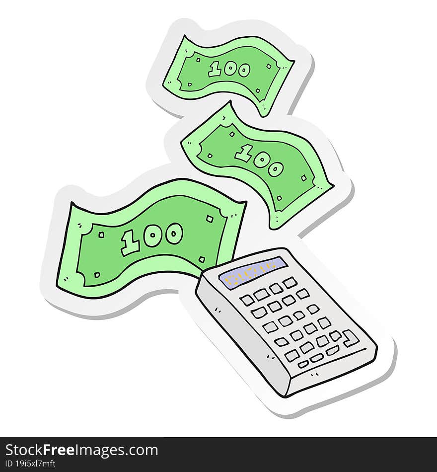 sticker of a cartoon calculator counting money