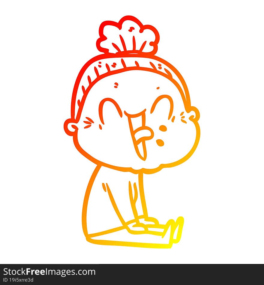 warm gradient line drawing of a cartoon happy old woman