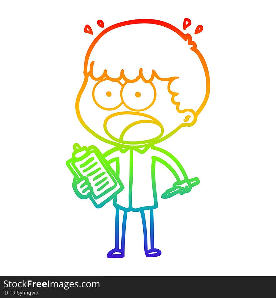 Rainbow Gradient Line Drawing Cartoon Shocked Man With Clipboard And Pen