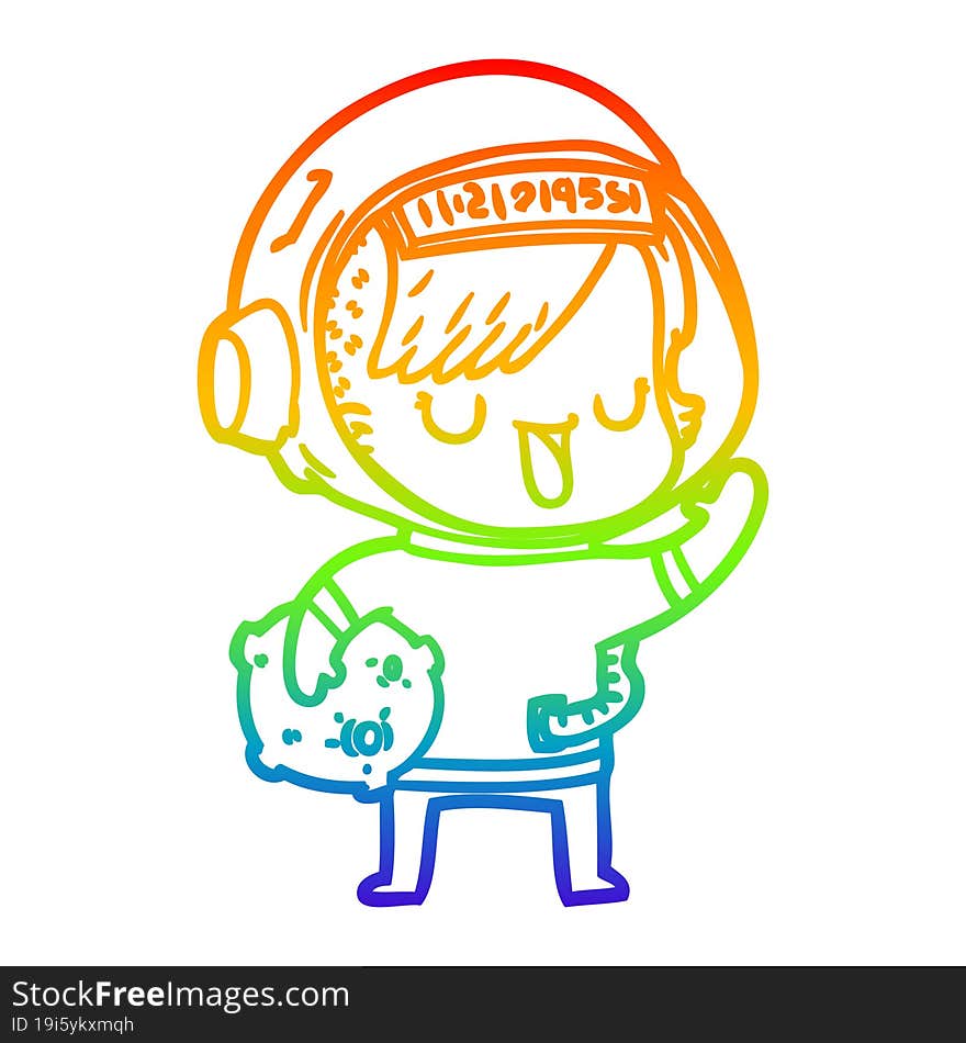 rainbow gradient line drawing of a cartoon astronaut woman