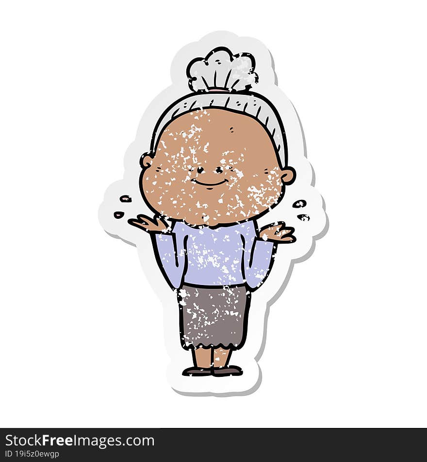 distressed sticker of a cartoon happy old woman