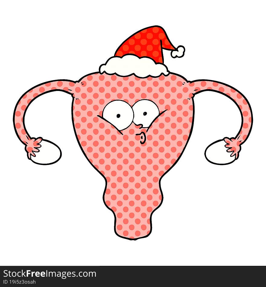 Comic Book Style Illustration Of A Uterus Wearing Santa Hat