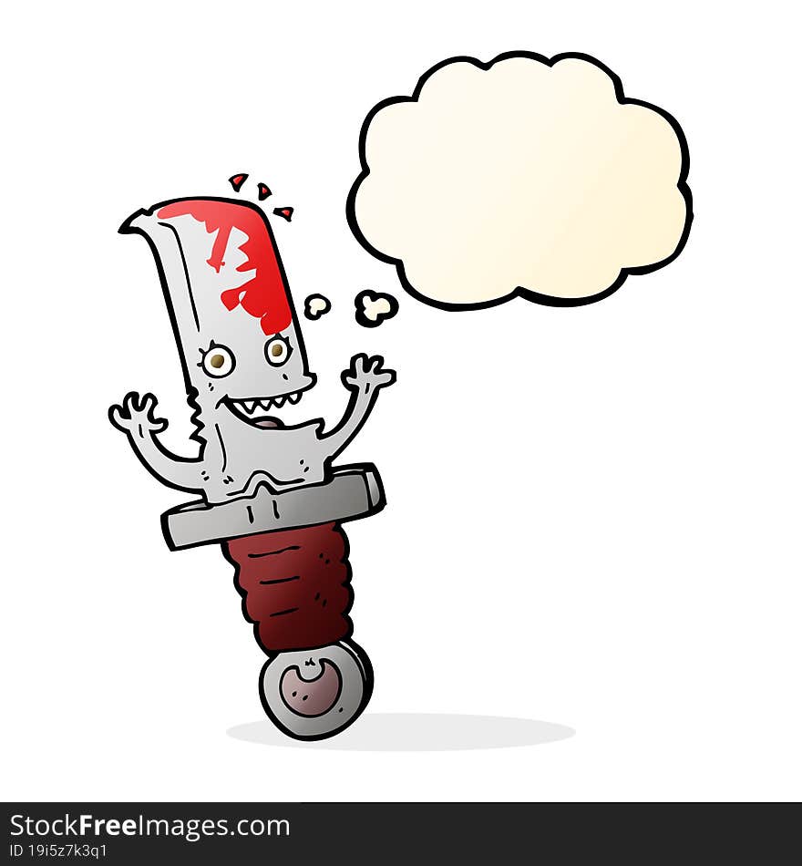 crazy cartoon knife character with thought bubble