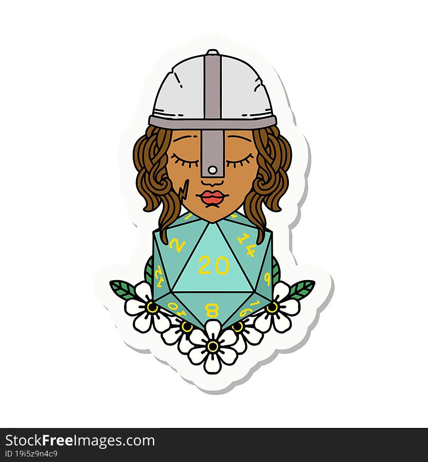 human fighter with natural 20 D20 dice roll sticker