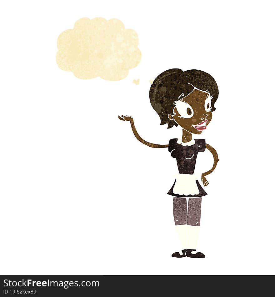 cartoon woman in maid costume with thought bubble