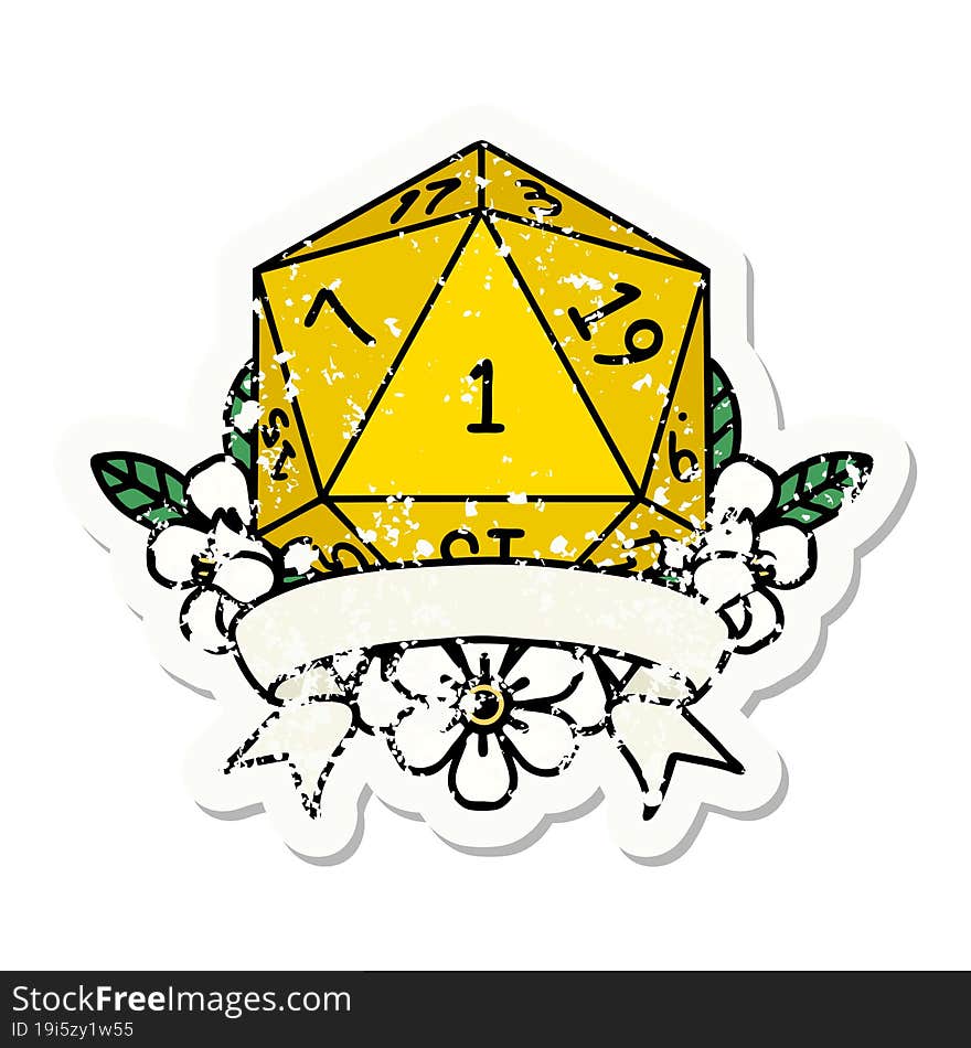 Retro Tattoo Style natural one d20 dice roll. Retro Tattoo Style natural one d20 dice roll