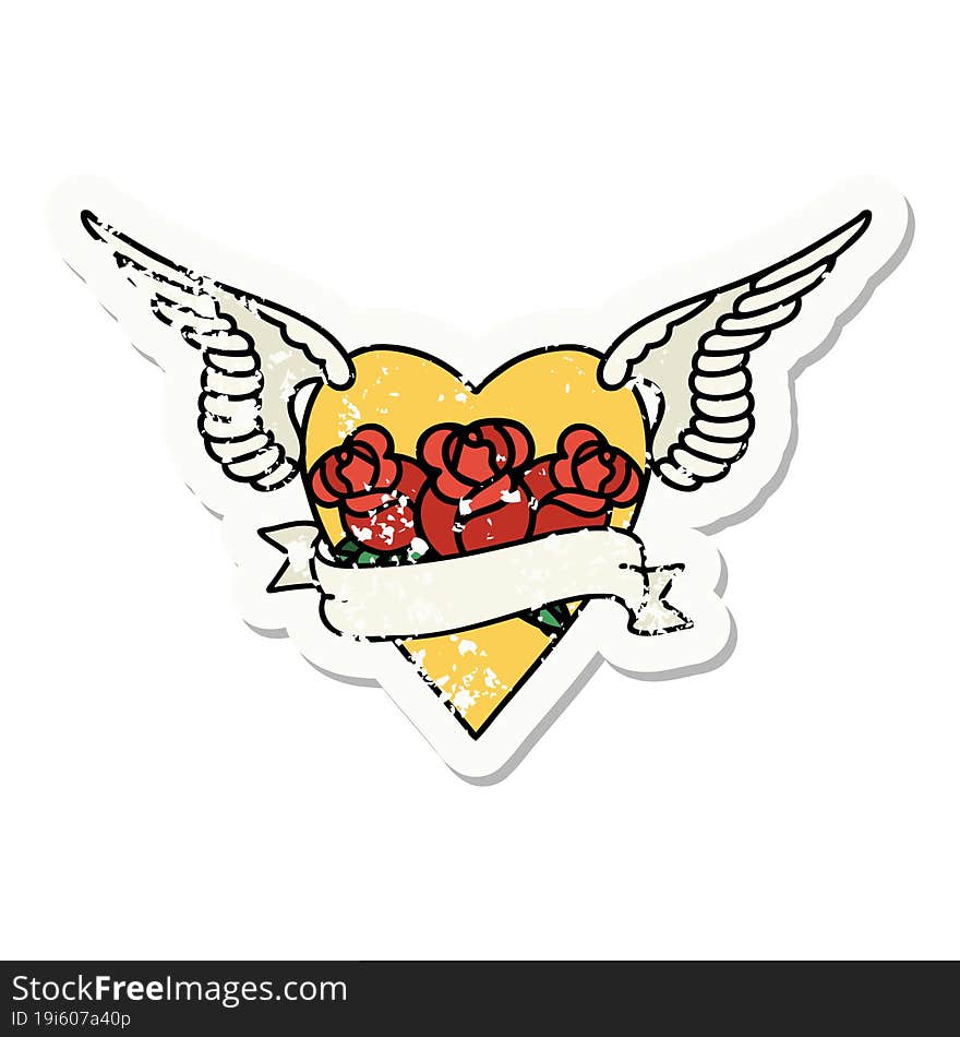 distressed sticker tattoo in traditional style of heart with wings flowers and banner. distressed sticker tattoo in traditional style of heart with wings flowers and banner