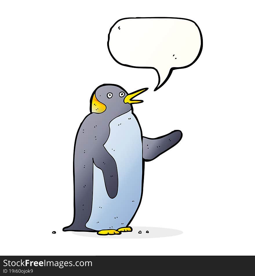 cartoon penguin waving with speech bubble