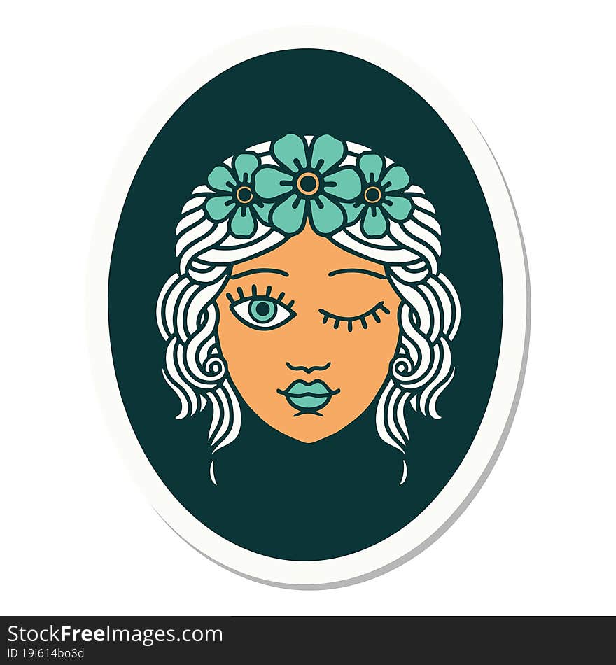 tattoo style sticker of a maiden with crown of flowers winking