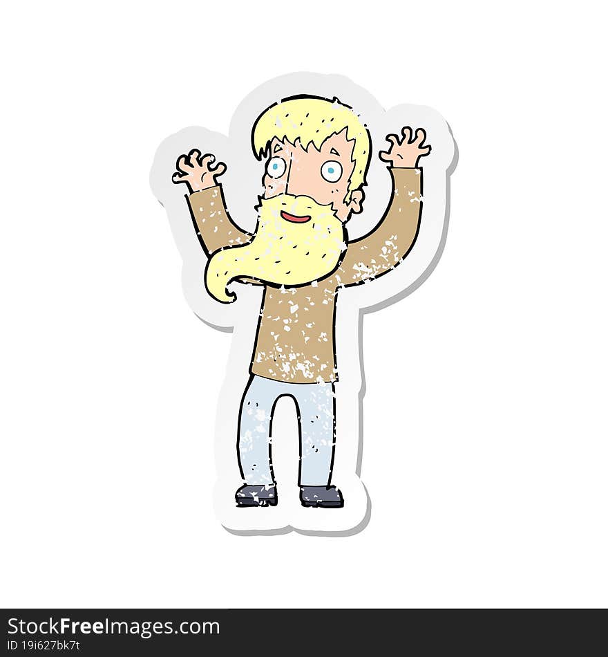 Retro Distressed Sticker Of A Cartoon Excited Man With Beard