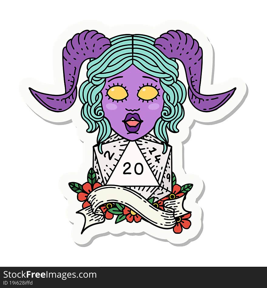 sticker of a tiefling with natural twenty dice roll. sticker of a tiefling with natural twenty dice roll