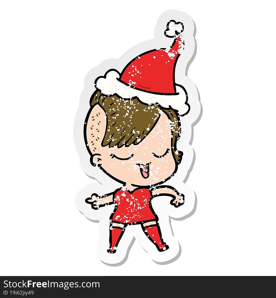 Happy Distressed Sticker Cartoon Of A Girl Wearing Santa Hat