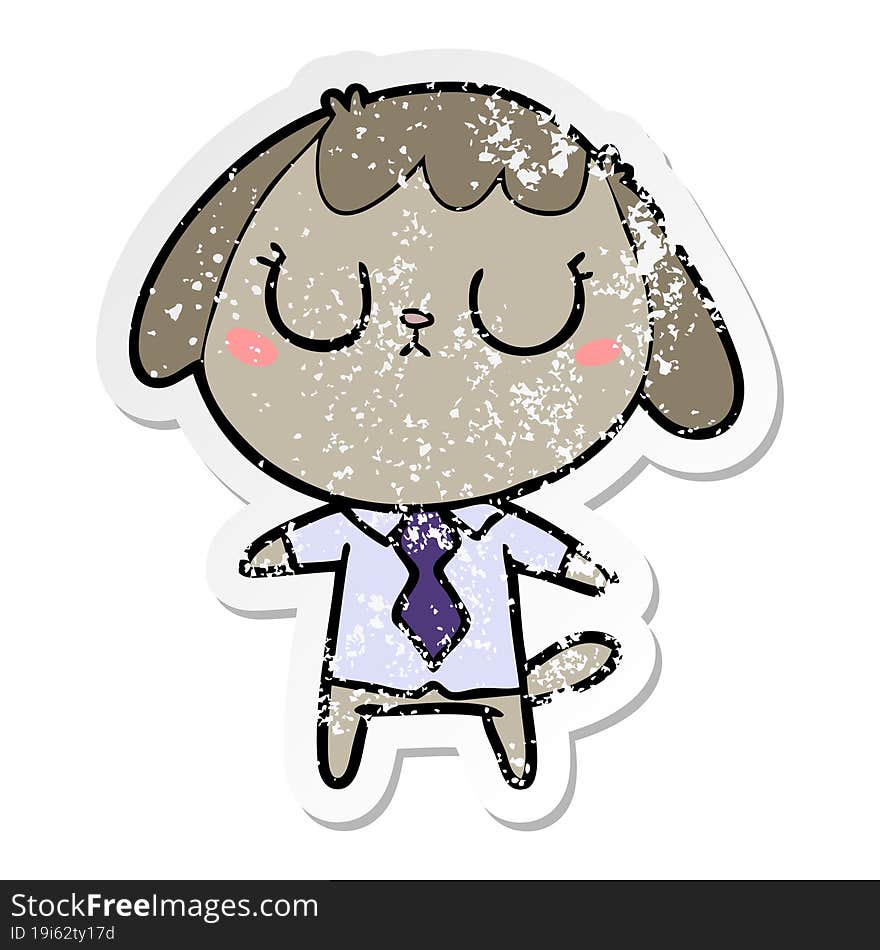 distressed sticker of a cute cartoon dog wearing office shirt