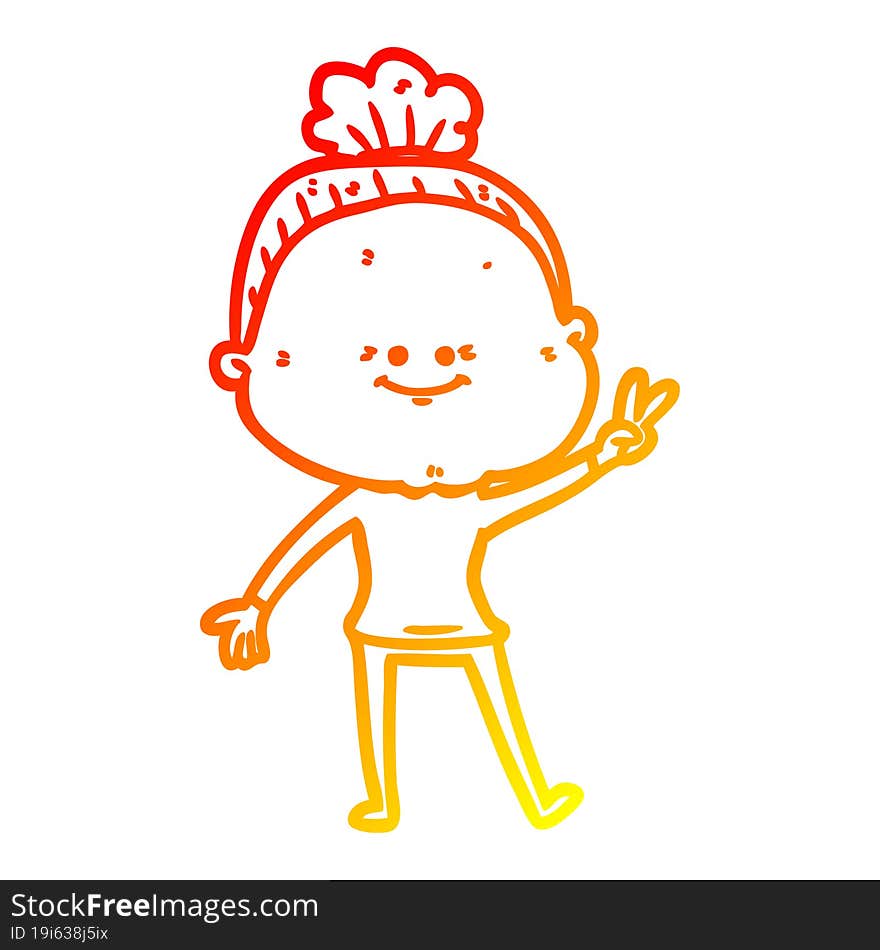 warm gradient line drawing of a cartoon happy old woman