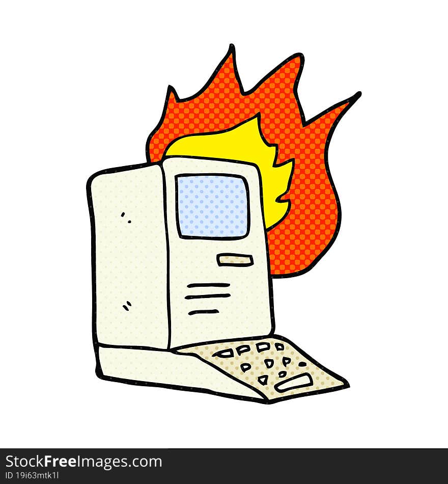 cartoon old computer on fire