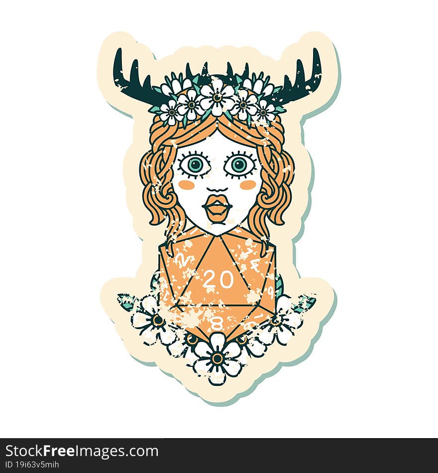 grunge sticker of a human druid with natural twenty dice roll. grunge sticker of a human druid with natural twenty dice roll