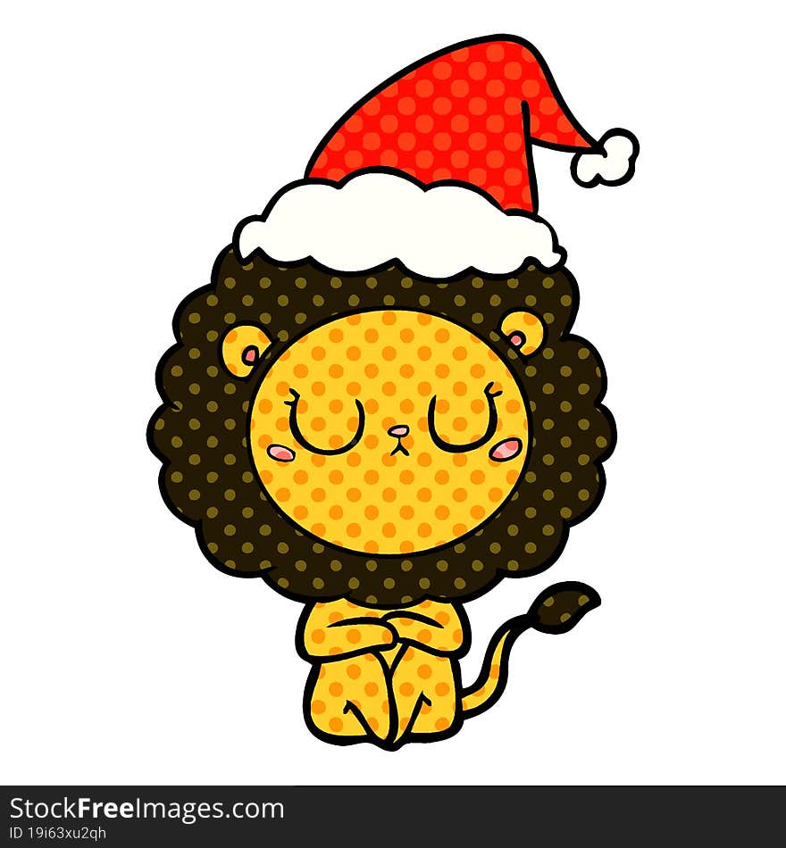 comic book style illustration of a lion wearing santa hat