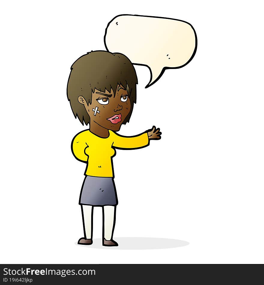 cartoon woman with sticking plaster on face with speech bubble