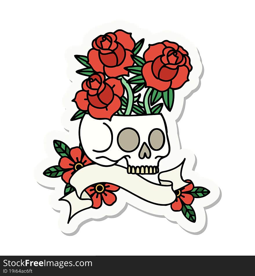 Tattoo Sticker With Banner Of A Skull And Roses