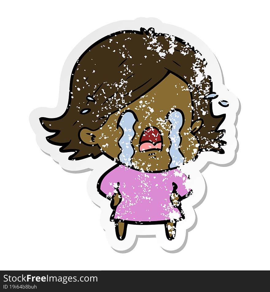 distressed sticker of a cartoon woman crying