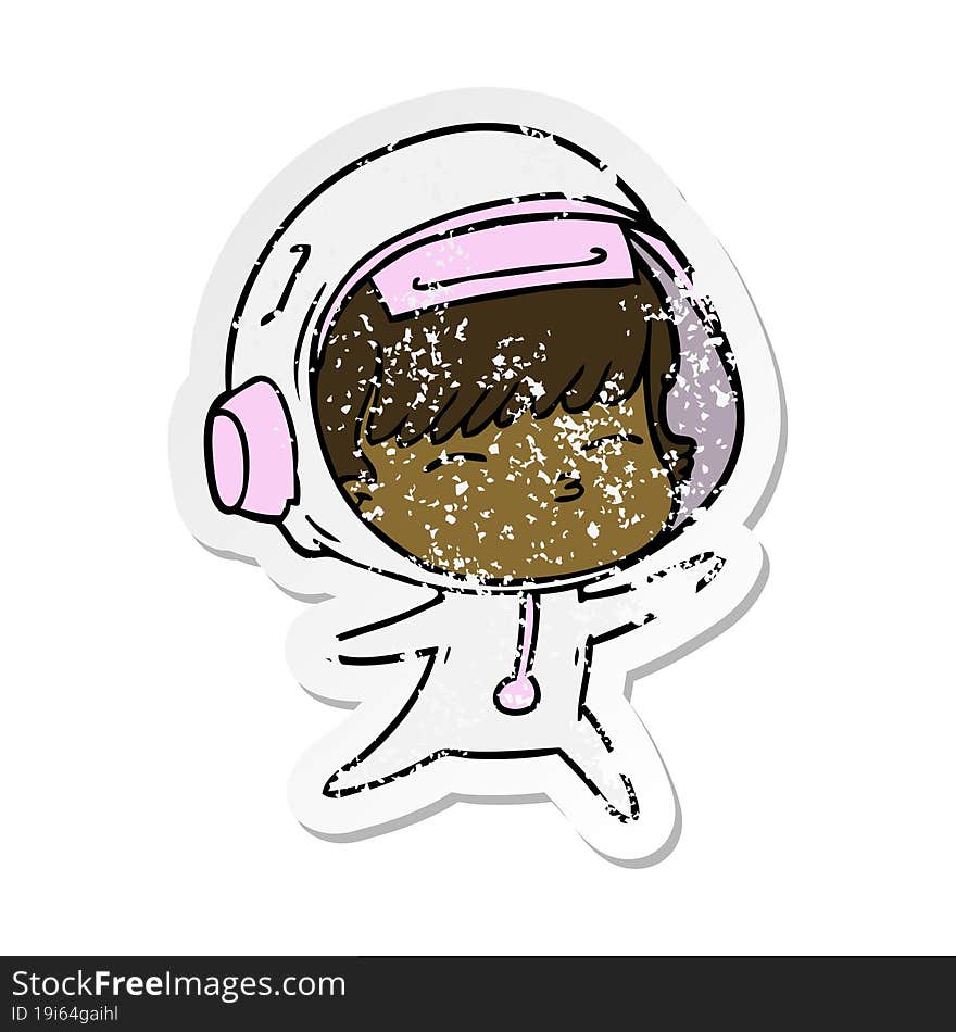 distressed sticker of a cartoon curious astronaut