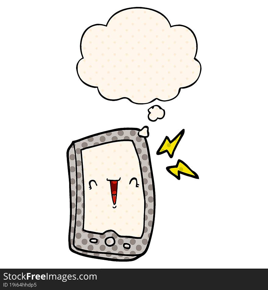 Cute Cartoon Mobile Phone And Thought Bubble In Comic Book Style