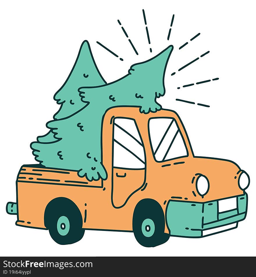 illustration of a traditional tattoo style truck carrying trees