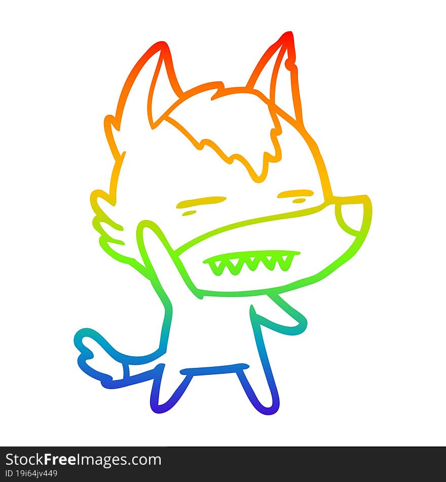 rainbow gradient line drawing of a cartoon wolf waving showing teeth