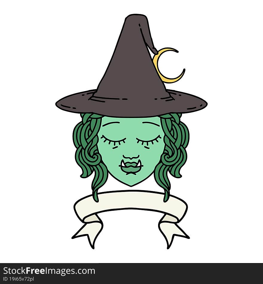 half orc witch character face with banner illustration