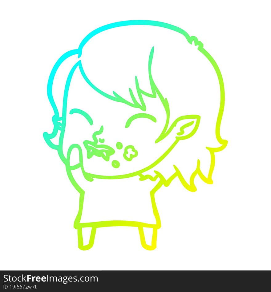 cold gradient line drawing cartoon vampire girl with blood on cheek