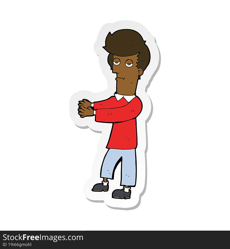 sticker of a cartoon bored man showing the way