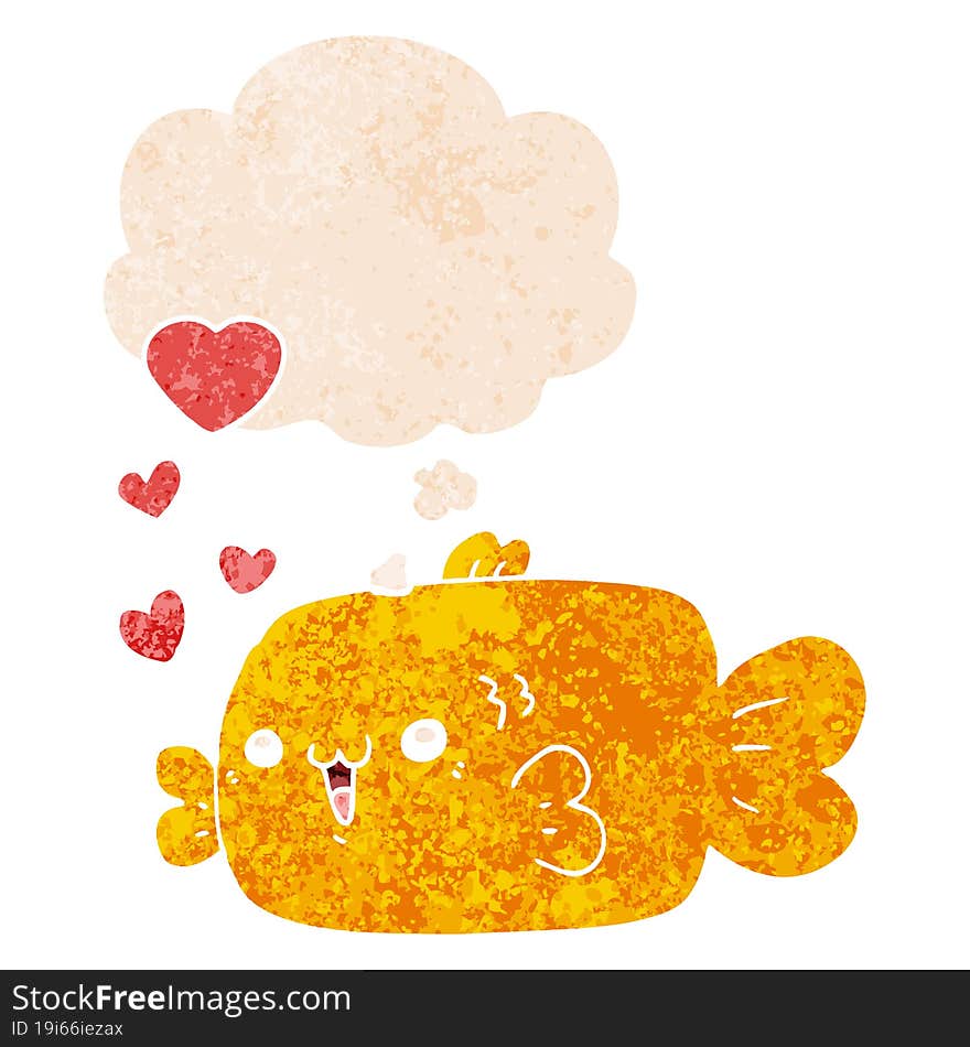 cute cartoon fish with love hearts and thought bubble in retro textured style