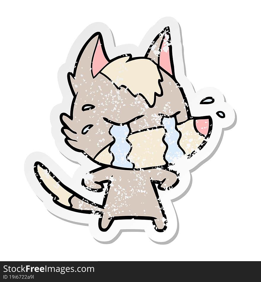 distressed sticker of a cartoon crying wolf