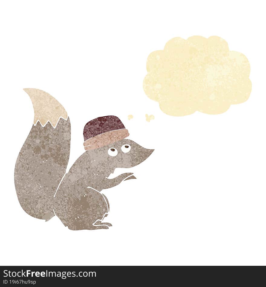 cartoon squirrel wearing hat with thought bubble